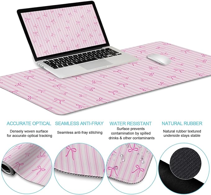 LIMKRIAN Pink Striped Mouse Pad Desk Mat Set, Cute Back to School Supplies | Ergonomic Wrist Rest Mouse Pad, Wrist Support Keyboard Mat, Coaster, Mousepad for Computer Office Desk Decor Accessories