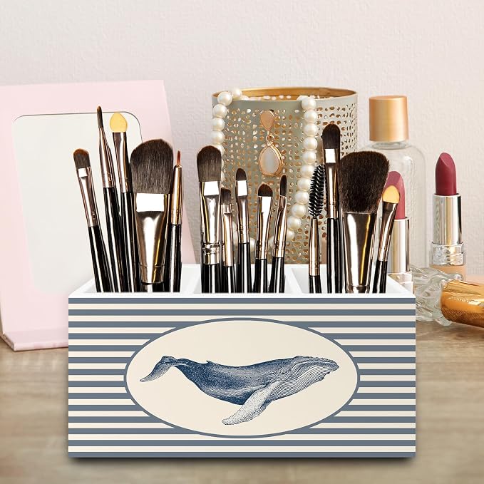 Coastal Beach Whale Pen Pencil Holder Organizer for Desk, Beach Office Decor, Blue Striped Marine Biology Ocean Wooden Box Signs Decorations for Home Office Desk Tabletop, Whale Gifts