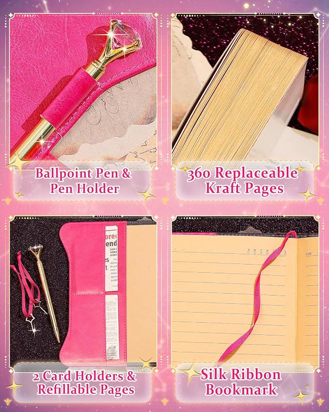 Hoci Poci Diary with Lock and Keys for Girls Gift Ideas, 360 Pages Journal | Elegant Gift Box for Teen Girls, B6 Kraft Pages Refillable Notebook with Pen and Bookmark for Writing, Astro Hot Pink