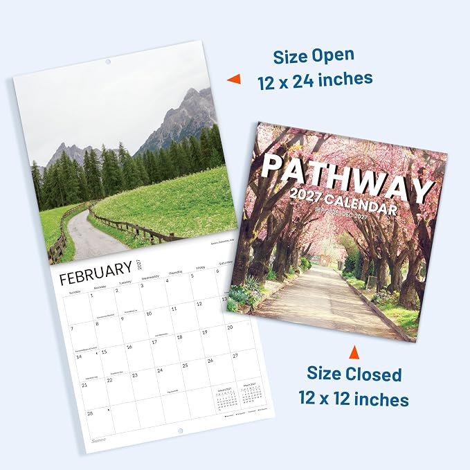 SUNEE Calendar 2026-2027 for Wall, 2027 Large Wall calendar 12x12 Inches with 16 Months from September 2026 to December 2027, Thick Glossy Paper, 12" x 24" (Open), Pathway