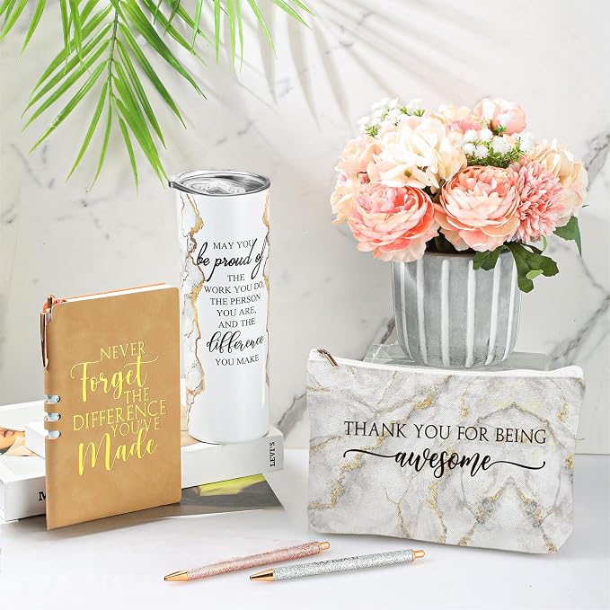 Domensi 6 Pcs Employee Appreciation Gift Set for Women Female Thank You Gift May You Be Proud 20 oz Rustic Marble Sign Tumbler Makeup Bag Journal for Boss Teacher Work Business(White)