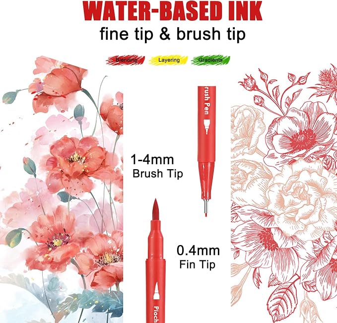 Piochoo Dual Brush Marker Pens,34 Colored Markers,Fine Point and Brush Tip for Adult Coloring Books Bullet Journals Planners,Note Taking Coloring Writing