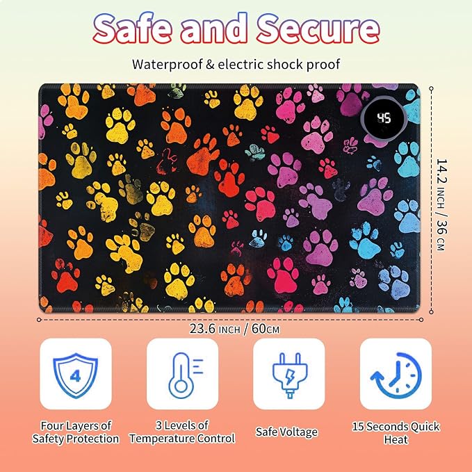 Heated Desk Pad Large Mouse Pad 23.6 x 14.1 inch with 3 Levels Heating & Auto Shut-Off Warm Mouse pad PU Leather Computer Mousepad for Home Office Work - Colorful Dog Paw