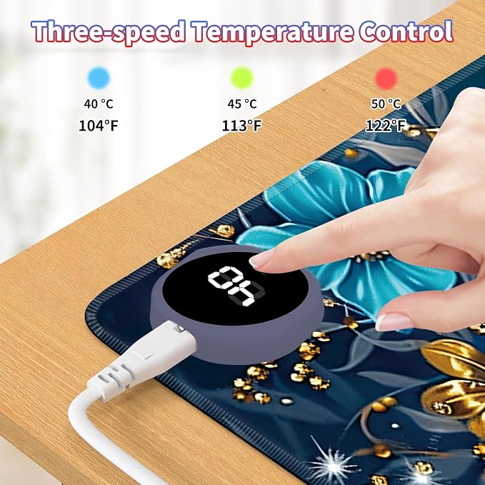 Heated Desk Pad Large Mouse Pad 31.5 x 13 inch with 3 Levels Heating & Auto Shut-Off Warm Mouse pad PU Leather Computer Mousepad for Home Office Work - White Fox and Butterflies