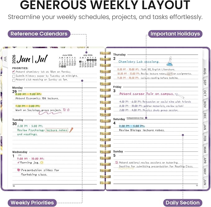 Planner 2026-2027, Academic Year Monthly and Weekly Calendar Planner, Jul 2026 - Jun 2027, Hardcover Teacher Student Planning Agenda book with Tabs, Perfect for School Office Supplies, 6.3" x 8.5" - Purple Iris