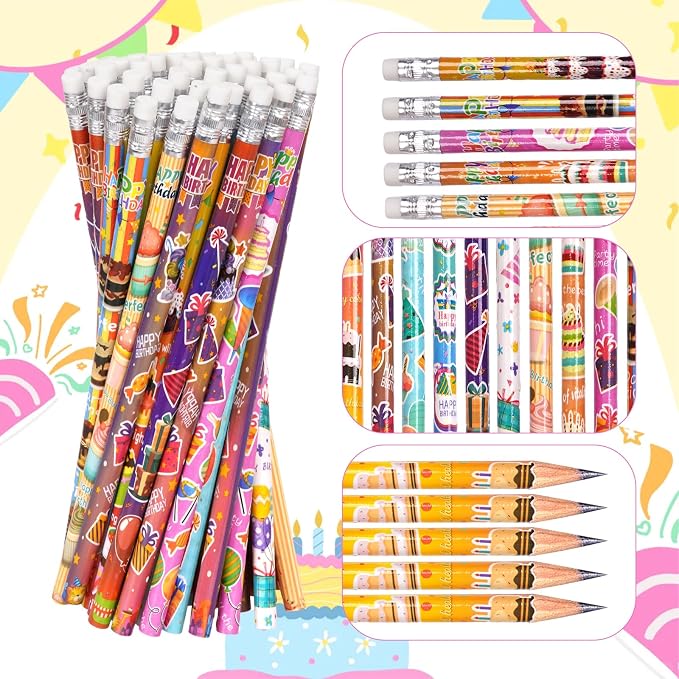 Rbenxia 48PCS Wooden Pencils with Erasers Assortment Colorful Novelty Pencils Awards Incentives Supplies Giveaways Party Favor (Birthday)