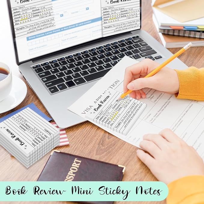 L1rabe Book Review Mini Sticky Notes - 6PCS Self-Stick Note Pads for Reader | Back to School Book Rating Stickers for Students, 300 Sheets Reading Tracker Log Stickers, Lovers Bookish Bookworm Supplies
