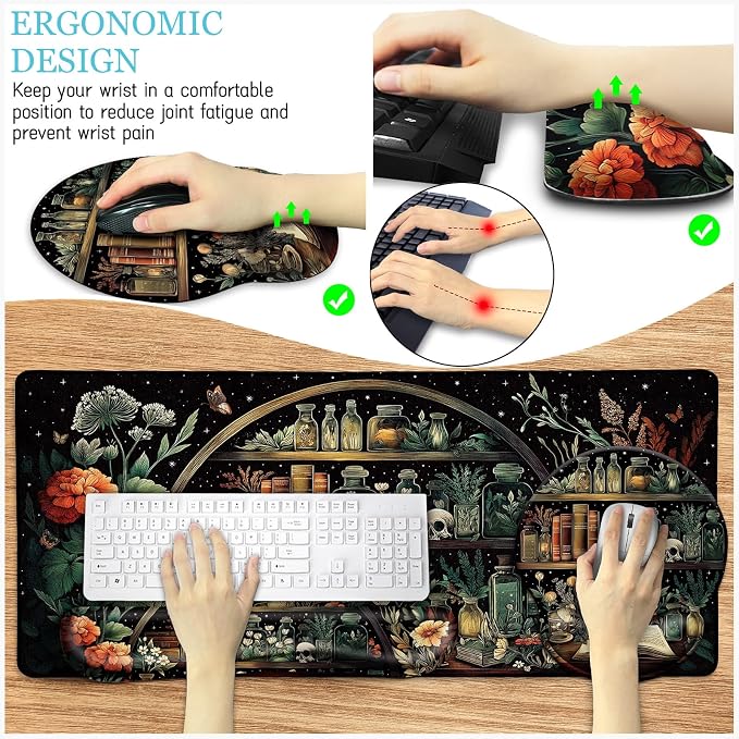 LIMKRIAN Goth Skull Mouse Pad Set Large Desk Mat for Desktop Decor | Ergonomic Mouse Pad with Wrist Rest for Gaming, Keyboard Mat Wrist Support, Coaster, Gothic Office Desk Accessories Supplies