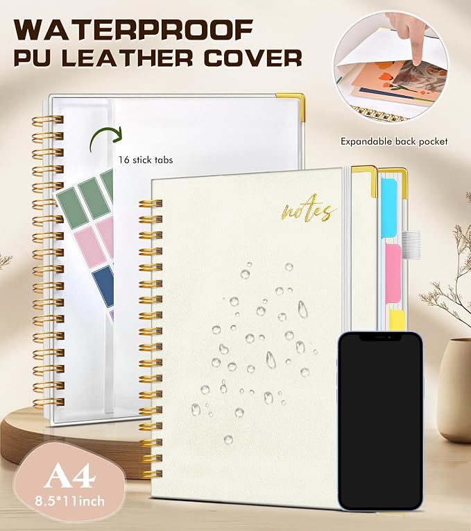 Hardcover Spiral Notebook Journal 8.5" x 11" Leather 5 Subject Notebook with Removable Dividers Tabs, 300 Pages Organizer Notebooks for Work School, College Ruled, Large Lined Journal for Women,White