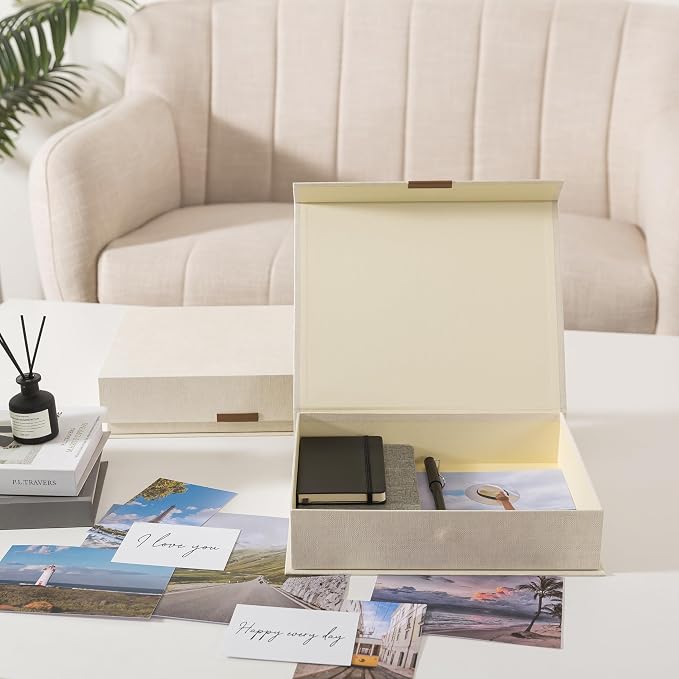 Soul & Lane - Letter Keepsake Storage Box, Magnetic Lid, Set of 2, Beige | Decorative Photo and Document Organizer, Memory Case for Pictures, Cards and Albums, Elegant Home Office Storage Holder