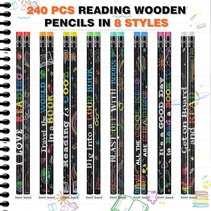 Pasimy 240 Pcs Reading Motivational Pencils Bulk Black Novelty Wooden Pencils with Eraser Classroom Inspirational Pen with Sayings for Kids Student Teacher School Reward Gifts Stationery Party