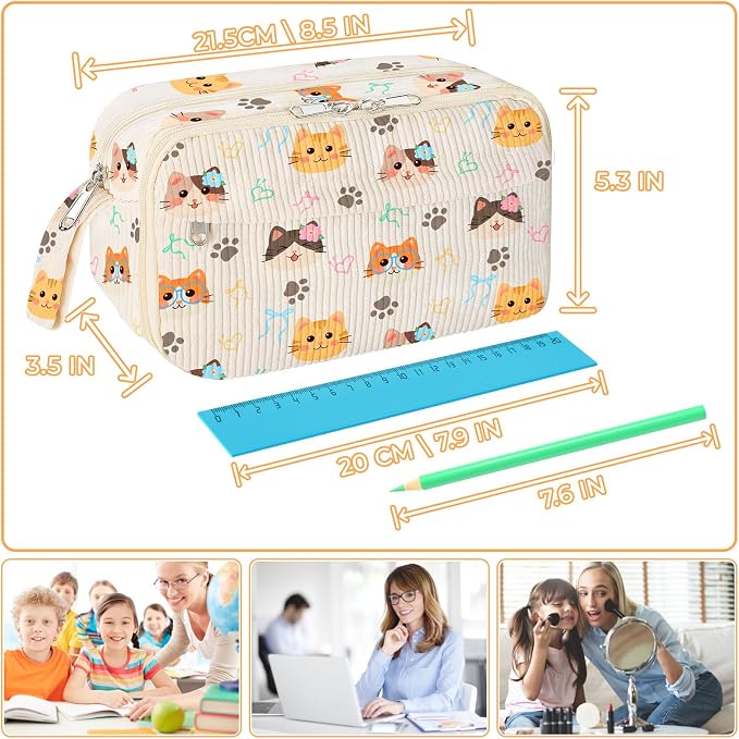 WOBAGMEN Cute Pencil Case,Large Corduroy Zippered Pencil Case Pouch, aesthetic Pencil Bag with Compartments, Pencil Pouch School Supplies (HY-corduroy pc-cat)