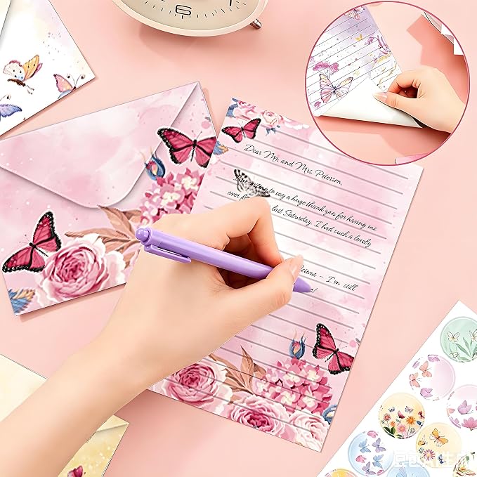 FUNCLASS 160 Pcs Butterfly Stationery Set Letter and Envelopes | 50 Lined Stationery Paper and 50 Matching Envelopes , 5.5 x 8.25 Inches Letter Writing Stationery for Home, Office, School