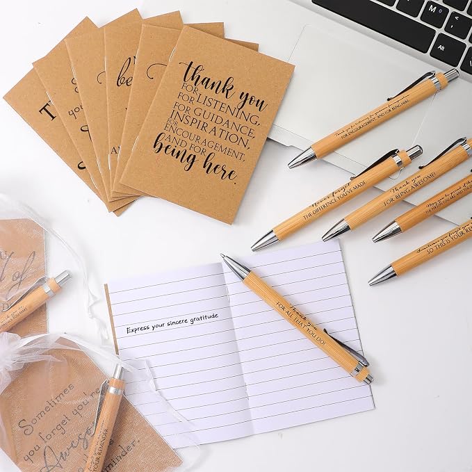 Teling 30 Sets Employee Appreciation Gifts Include Thank You Notebook Inspirational Wooden Retractable Ballpoint Pen with Organza Bag Notebook Journal for Back to School Staff Coworker Teachers