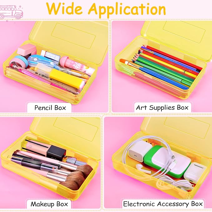 Sooez 1 Pack Clear Pencil Box, Plastic Hard Pencil Case with Stickers, Large Crayon Box with Snap-tight Lid, Stackable Storage Box Art Craft Marker Organizer Box for Kids Boys Back to School, Yellow