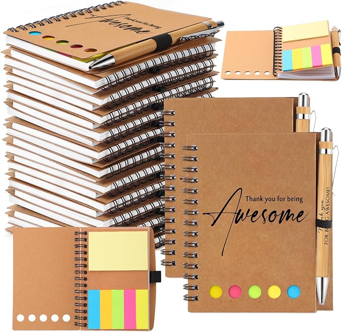 Chuangdi 20 Sets Back to School Teacher Gifts Bulk Inspirational Spiral Notebook with Sticky Note Motivational Pen Appreciation Gifts for Employee Team Staff Coworker (Classic,Kraft)