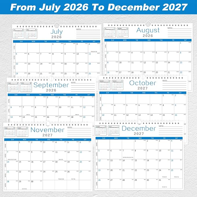 MZD8391 Calendar 2026-2027, 18 Months Wall Calendar From July 2026 To December 2027 with Julian Dates, 14" x 11" Thick Paper with Black Blocks For New Year (Blue)