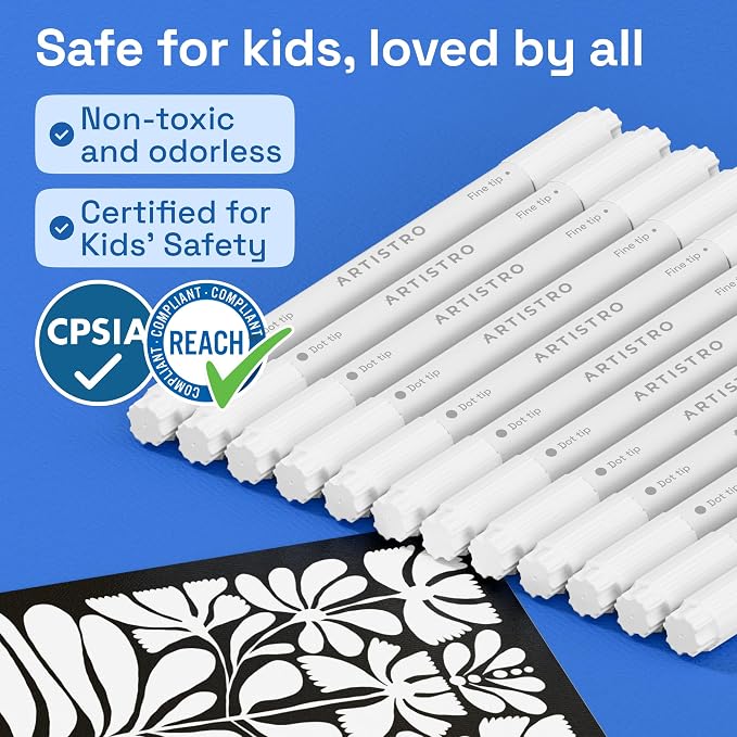 ARTISTRO 12 White Dual-Tip Acrylic Paint Markers – Paint Pens Set with Dot & Fine Tips for Fabric, Rock, Glass, Wood, Coloring Books – Arts & Crafts Gift – Classroom Must Haves & School Supplies