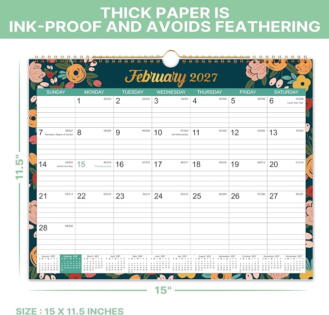 2027 Calendar - 2027 Wall Calendar, Jan.2027 - Dec.2027, 15" x 11.5" | 2027 Wall Calendar 12 Month, Twin-Wire Binding, Julian Dates, Large Block, Notes, To-do List, Thick Paper - Floral