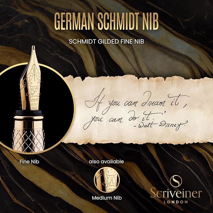 Scriveiner Luxury Fountain Pen - Stunning Luxury Pen, Real Gold Finish, Schmidt Gilded Nib (Fine), Converter, Best Pen Gift Set for Men & Women, Professional, Executive, Office, Nice Pens