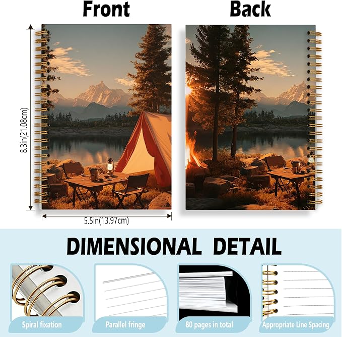 Mountain Forest Camping Journal Notebook 5.5x8.3, Camping Lover Gifts Journal for Women Men, Camper Gifts, Cozy Sunset Lake Landscape Notebooks for Work