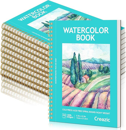 Creazic 10-Pack Watercolor Paper Pad, 5.5"x8.5" (140lb/300g) - Spiral Bound with Easy-Tear Line, Watercolor Journal，Watercolor Sketchbook for Kids & Adults, Ideal for Small Exercises, Travel Painting