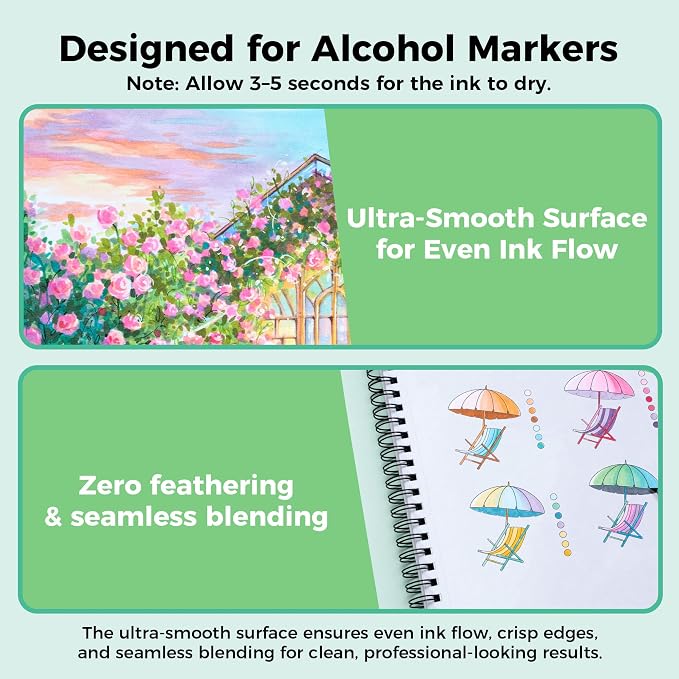 Ohuhu Double-Sided Marker Pad Sketchbook Bleedproof - 11"x14" Large Paper Size - 90 LB/150 GSM Smooth Drawing Paper - 60 Sheets/120 Pages - Spiral Bound Sketching Book for Alcohol Markers