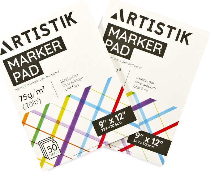 Marker Paper - 9 x 12 inch Marker Paper Sketchbook, 50 Sheets Per Pad, White Acid-Free, 75 GSM Paper, Lightweight and Sketching and Drawing Pages, (Pack of 2)