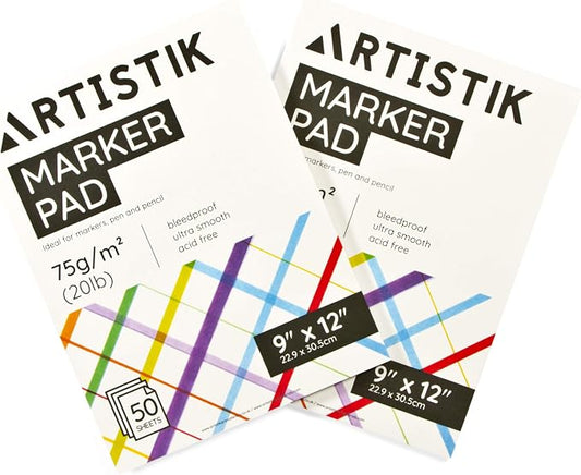 Marker Paper - 9 x 12 inch Marker Paper Sketchbook, 50 Sheets Per Pad, White Acid-Free, 75 GSM Paper, Lightweight and Sketching and Drawing Pages, (Pack of 2)