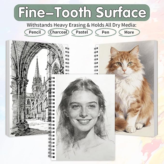FIXSMITH 9"X12" Green Sketch Book, 100 Sheets (68 lb/100gsm) Spiral Sketchbook, Acid Free Drawing Paper, Sketch Pad for Beginners,Artists & Professionals, Bright White