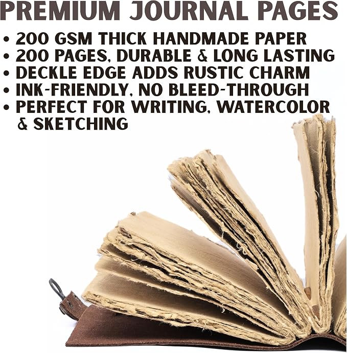 Leather Journal for Women & Men – Vintage Leather Bound Notebook with Lock, 200 Pages Handmade Deckle Edge Paper (200 GSM), Lay Flat Design, Book of Shadows