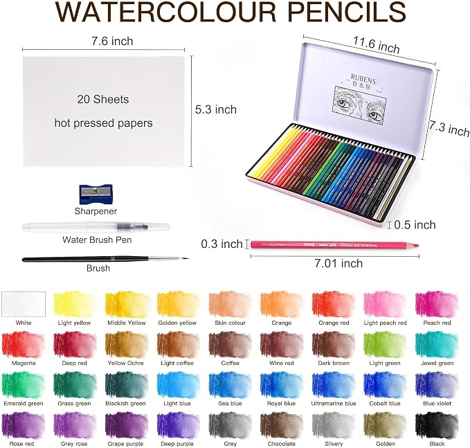 rubens 59 PCS Artist Watercolor Pencils Kit for Adult Drawing | 36 Colors Soft Core Watercolor Pencils In Metal Box with Brush, Water Brush Pen, Sharpener, 20 Sheets Hot Pressed Papers