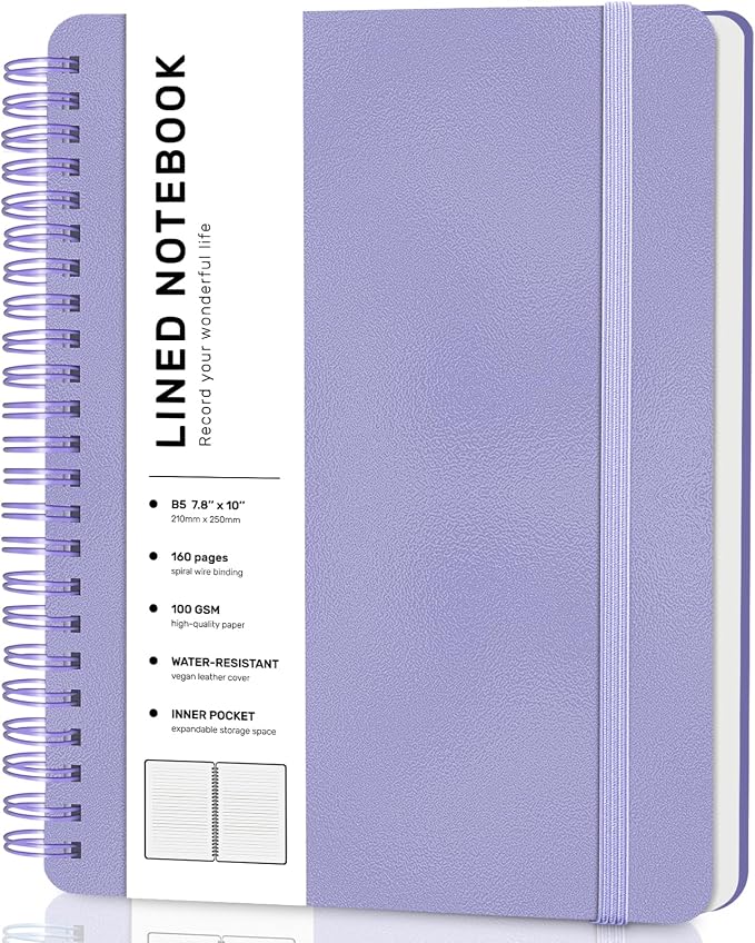 Lined Spiral Journal Notebook with 160 Pages, 7.8×10in, B5 Spiral Notebook, Journaling Notebooks for Work, School, Women, Men, College Ruled Spiral Notebook, Hardcover Leather Journals, Purple