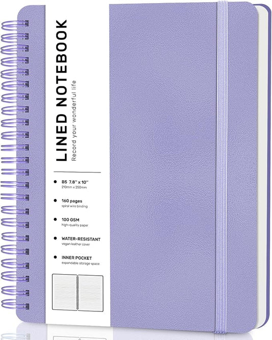 Lined Spiral Journal Notebook with 160 Pages, 7.8×10in, B5 Spiral Notebook, Journaling Notebooks for Work, School, Women, Men, College Ruled Spiral Notebook, Hardcover Leather Journals, Purple