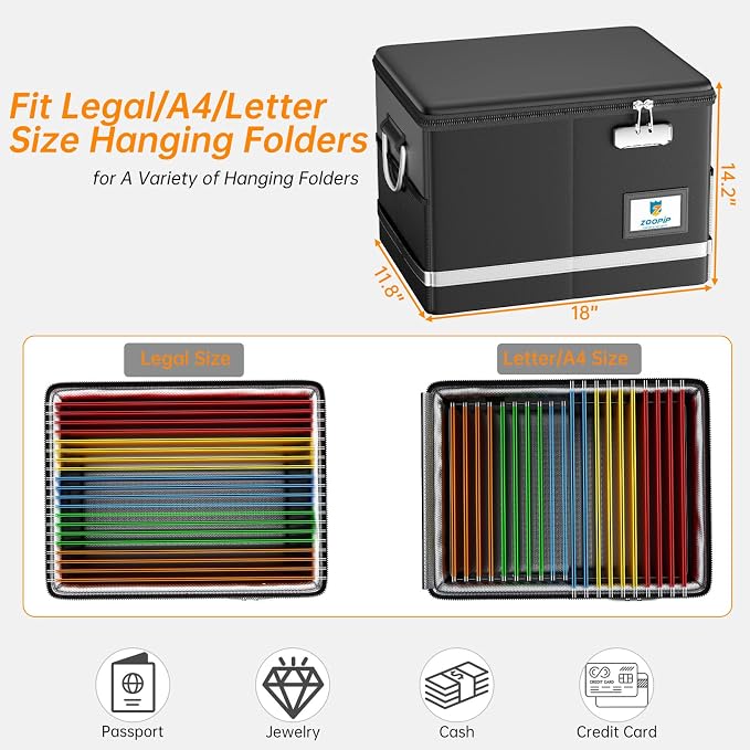 5200°F Fireproof Document Box, Foldable File Organizer with Lock | Fits Hanging Letter Legal Folders, Portable Home Office Travel Safe Storage, for Important Paper, Large Capacity, Black
