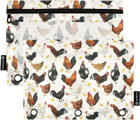 ALAZA Pencil Pouch for 3 Ring Binder, Hens Roosters and Chickens Binder Pencil Pouches with Clear Window Zipper Pencil Case Cosmetic Bags for Office College Supplies, 2PCS