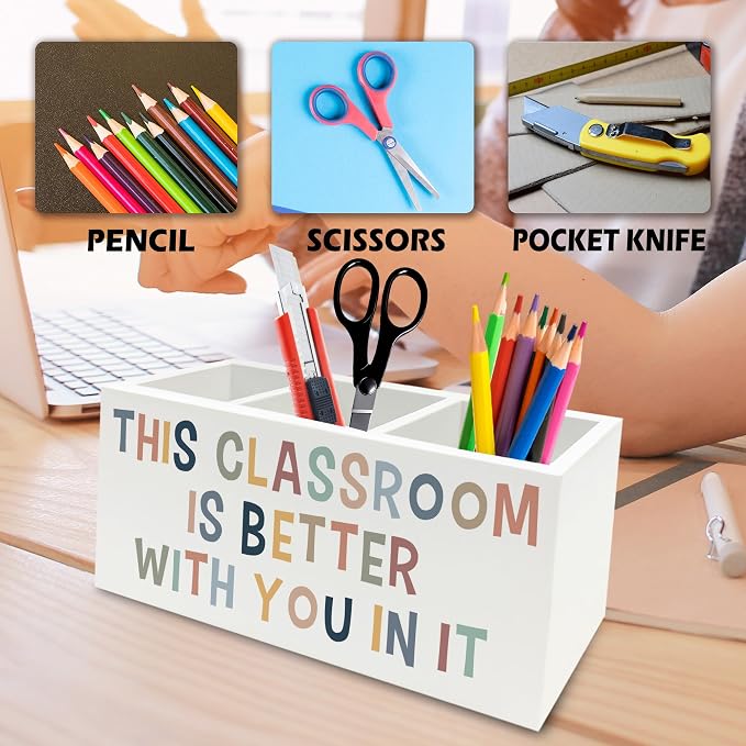 Boho Classroom Pen Pencil Holder Organizer for Desk, This Classroom Is Better With You in It Wooden Box Signs Decorations for Home Office Desk Tabletop, Back to School Supplies