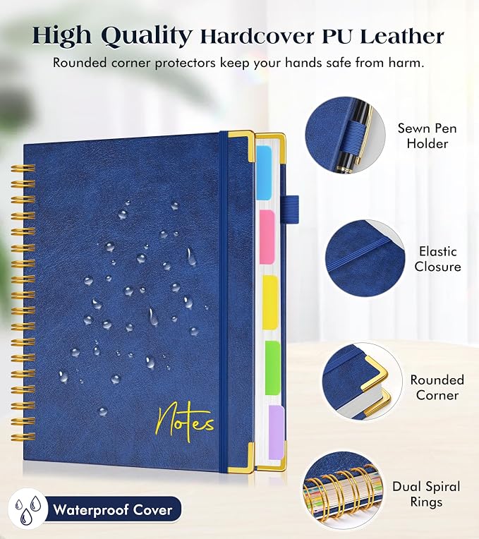 5 Subject Graph Paper Notebook with Removable Dividers Tabs, 300 Pages Hardcover Leather Grid Spiral Journal, 8"x10" B5 Large Graphing Notebooks for Women Men Work School College Engineering, Navy
