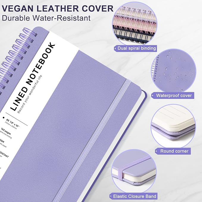 Lined Spiral Journal Notebook with 160 Pages, 7.8×10in, B5 Spiral Notebook, Journaling Notebooks for Work, School, Women, Men, College Ruled Spiral Notebook, Hardcover Leather Journals, Purple