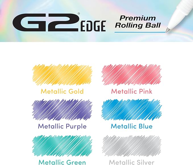 Pilot G2 Edge White, Assorted Metallic Inks, Premium Gel Roller Pens, Sensory Writing Experience, 6ct box, Fine Point 0.7 mm