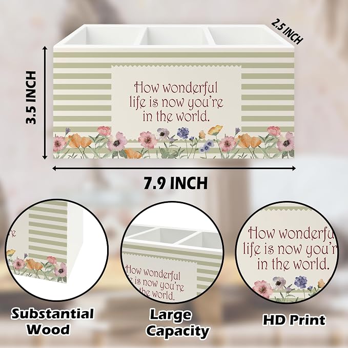 Girls Room Floral Pen Pencil Holder Organizer for Desk, How Wonderful Life Is Now You're in the World Neutral Striped Flower Wooden Box Signs Decorations for Kids Girls Nursery Room Desk Tabletop