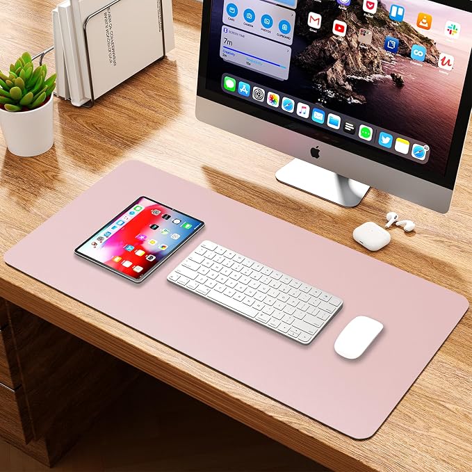 Leather Desk Pad Protector, Waterproof Mouse Pad, PU Desk Mat, Office Desk Cover, Desk Writing Mat for Office/Home/Work/Cubicle (Light Pink) 35.4x17 in