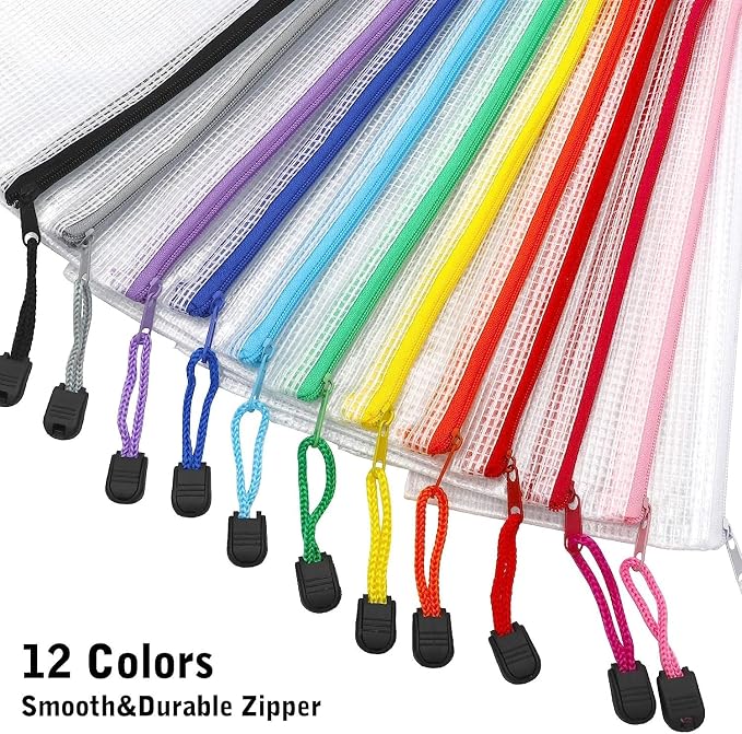 LABUK 42pcs Small Zipper Pouch, 9.5x4.3 Inches Mesh Zipper Pouches, 12 Colors, Waterproof Plastic Zip Bags for Bill Stationary, Office Supplies Storage and Classroom
