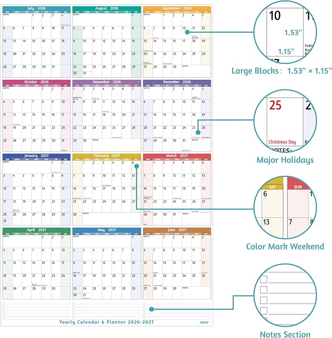 Yearly Wall Calendar 2026-2027 - Large Yearly Calendar 2026-2027, Jul 2026 - Jun 2027, 25.2'' x 38.2'' (Open), Yearly Calendar 12 Months, with To-do Lists, Notes, Stickers, All At One Page