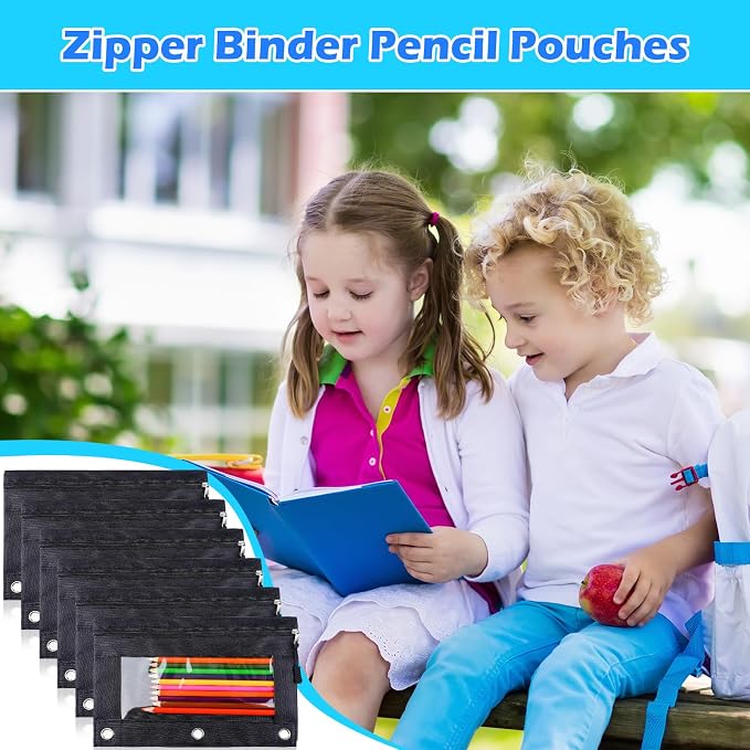 Zhehao 100 Pcs Zipper Binder Pencil Pouches:3 Ring Binder Pencil Pouches with Window Bulk Clear Pen Bags Case for Office School Classroom Supplies(Black,Single Layer)