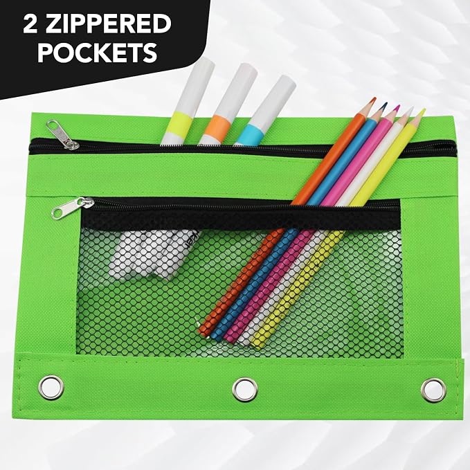 3 Ring Pencil Pouch for Binder, 2-Pocket Zipper Pencil Case with Clear Window & Mesh Pocket, 600D Oxford Fabric Binder Pouch for School Office Supplies, Fits Standard 3-Ring Binders, Green