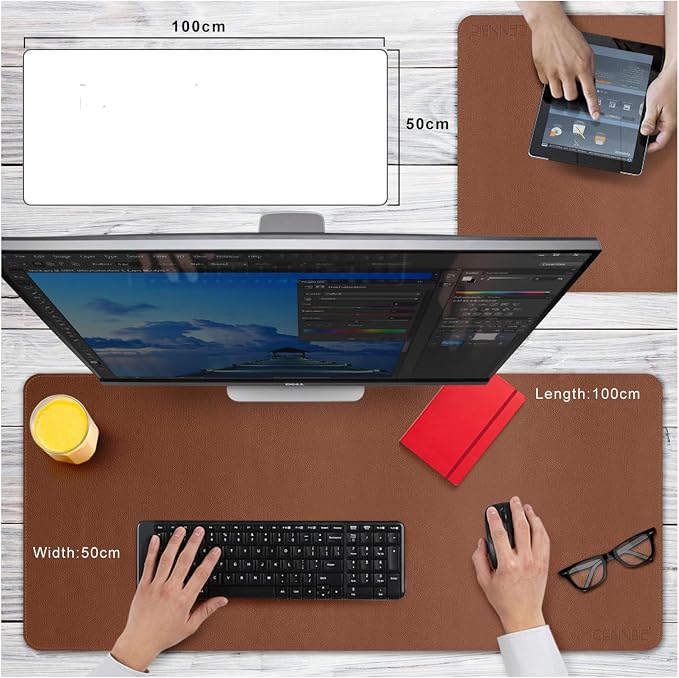 CENNBIE Leather Desk Mat 39.3"x19.6", Office Desk pad (Brown) | Premium stitched edges resist wear. Easy to clean. Protects desk from spills, stains ,scratches. Smooth glide. Office & home.