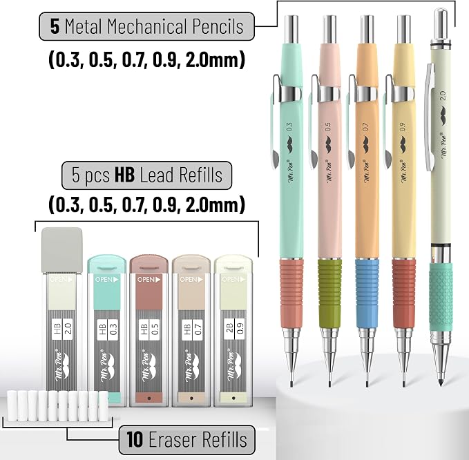 Mr. Pen- Art Mechanical Pencil Set, 5 Metal Mechanical Pencils (0.3, 0.5 | 0.7, 0.9, 2.0mm), 5 HB Lead Refills & 10 Eraser Refills, Precision Drawing Pencils for Sketching, Writing & Technical Artwork