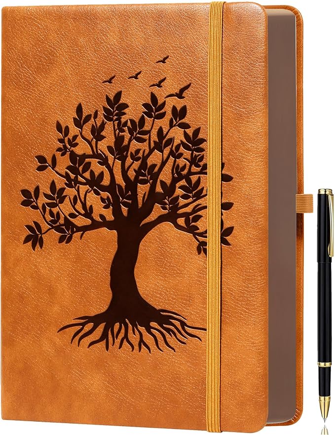 ZXHQ A5 360 Pages Lined Journaling Notebooks with Pen, Journals for Women Men Writing Notebook, Tree of Life Design, Brown Edge Fine Inner Pocket - Light Brown
