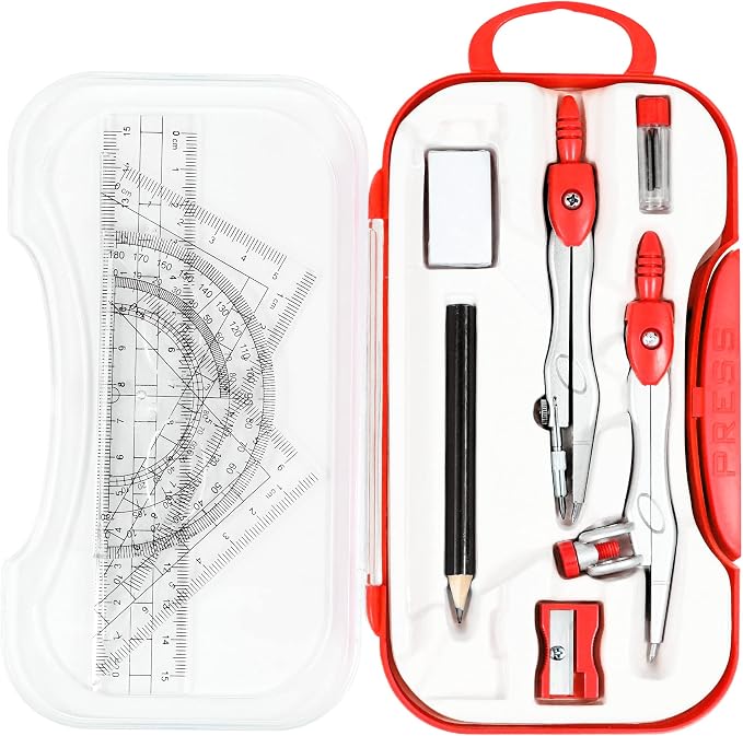 Unjoo Geometry Set 10 Pcs Student Supplies, Protractor and Compass (Red) | Shatterproof Storage Box,Rulers,Protractor,Compass,Eraser,Pencil Sharpener,Lead Refills,Pencil,for Classroom, Back to School